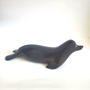 #Vintage Solid Wood One Piece Hand -Carved Brown Seal Large Figurine